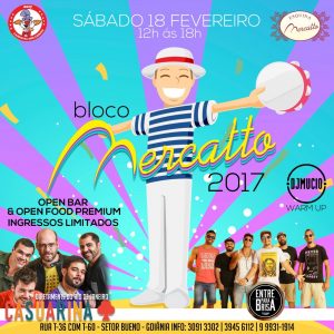O Bloco Mercatto, do Carnaval dos Amigos, acontece no dia 18 de fevereiro (sábado) e terá concentração na Esquina Mercatto, no Setor Bueno,