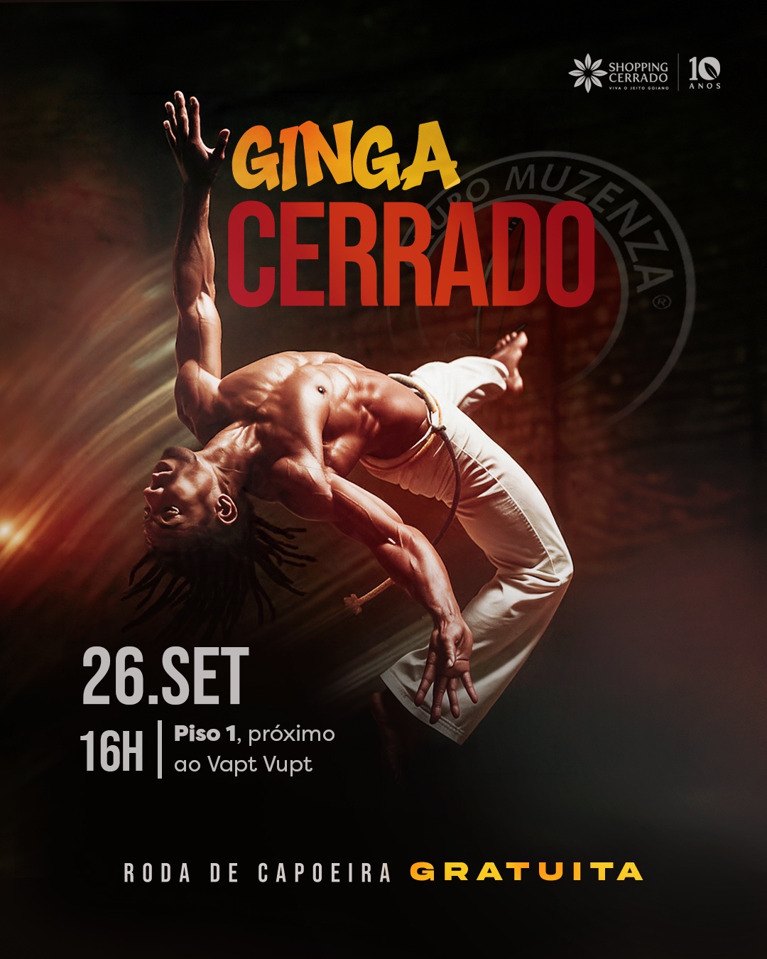 Programação gratuita de capoeira movimenta o Shopping Cerrado neste sábado (26)