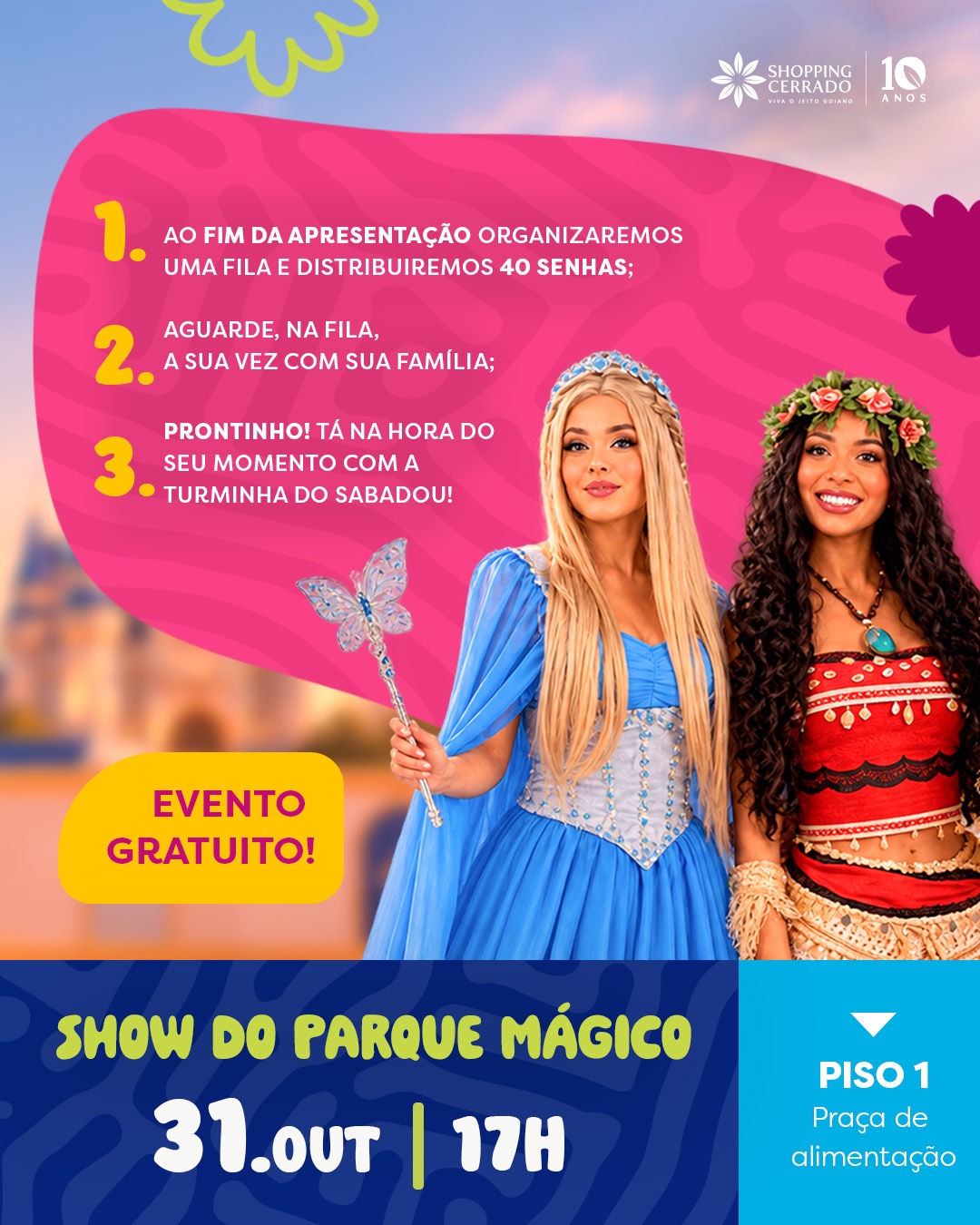 ‘Show do Parque Mágico’ é atração gratuita para toda a família neste sábado (31) no Shopping Cerrado